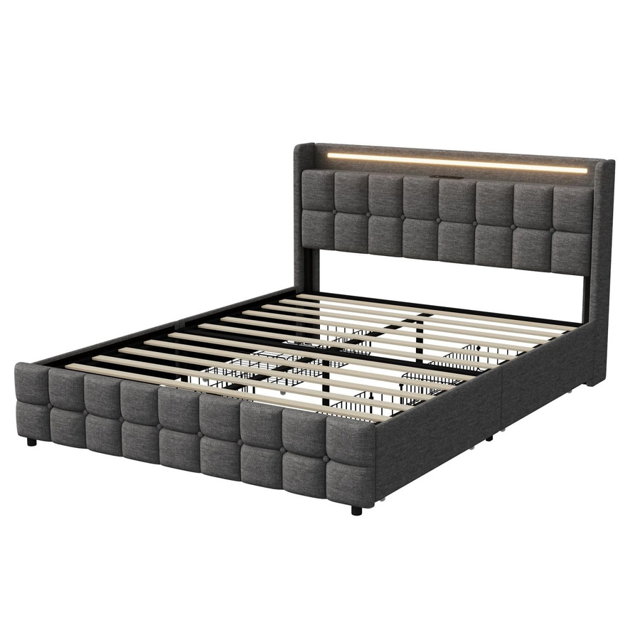 PXloue Doppelbett mit Lattenrost und Schubladen in Grau, modern mit USB-Ladeport und Leinenbezug, B/T/H: 160 x 200 x 103,5 cm - Bild 2