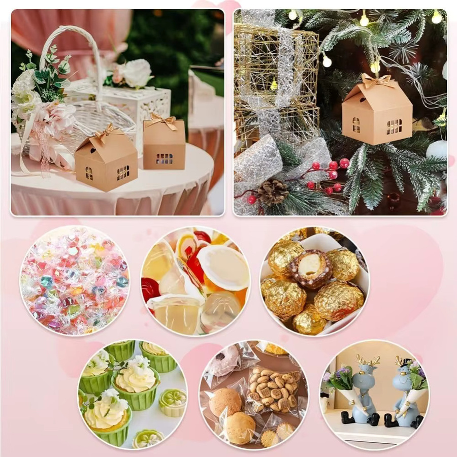 12er Set hausförmige Geschenkboxen aus hellbraunem Kraftpapier mit Bändern für Kekse und Bäckereiwaren - Bild 3