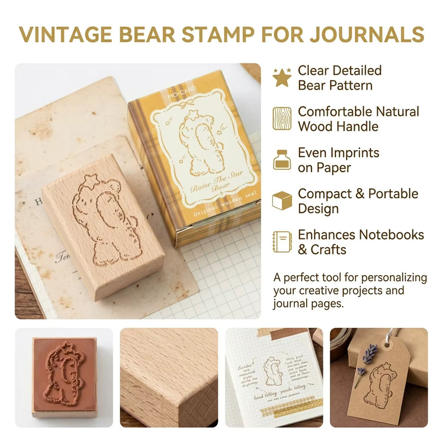 Vintage-Gummistempel mit Bärenmuster aus natürlichem Buchenholz in Braun für Journaling und Scrapbooking - Bild 3