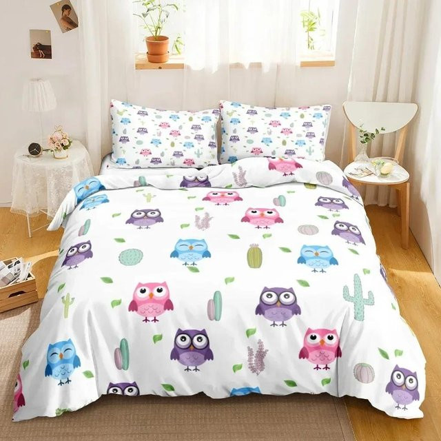 Lodestar Bettwäsche Set mit Cartoon Eulen 3D Wildtierdruck aus Polyester, Farbe: Weiß, B/H: 135 x 200 cm - Bild 1