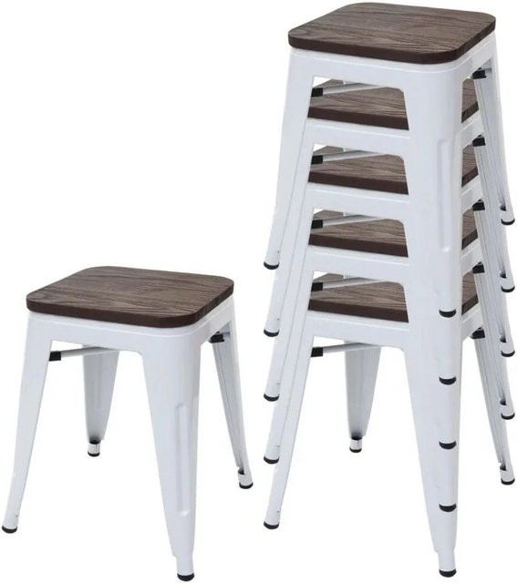 6er Set MCW Hocker A73 im Industriedesign mit Ulmenholz-Sitzfläche und Metallgestell in Weiß, B/T/H: 39,0 x 39,0 x 45,5 cm - Bild 1
