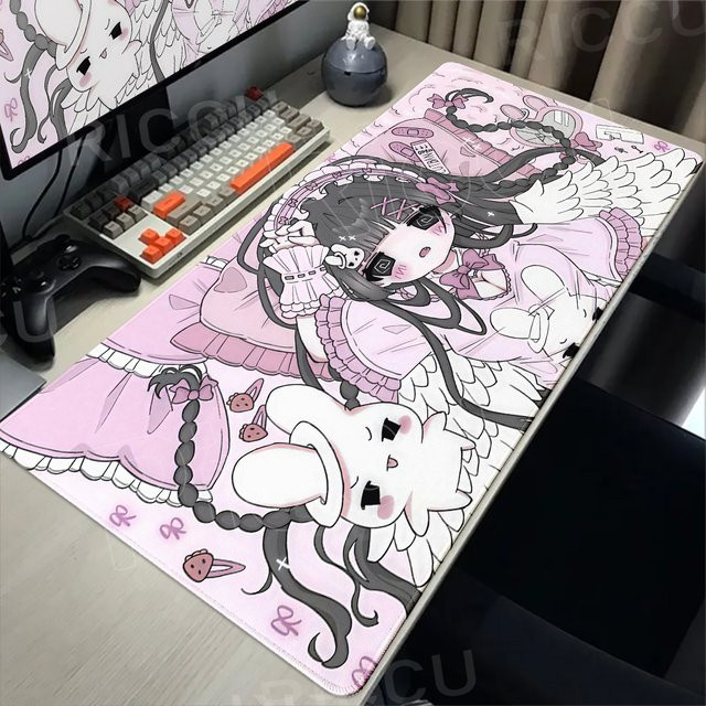 Riccu Kawaii Anime Mädchen Mauspad in Rosa Pastell, rutschfeste Schreibtischunterlage für Laptop und Büro im japanischen Ästhetik-Design - Bild 1
