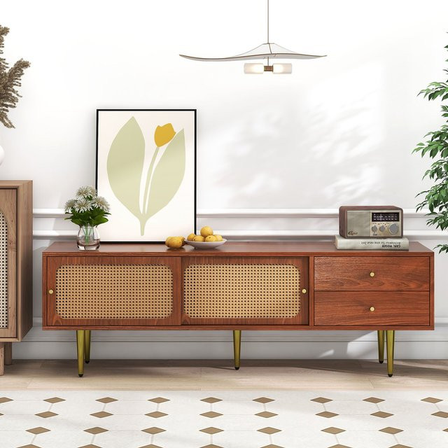 Aosom Lowboard TV-Ständer mit Rattan-Schiebetüren in Braun, 2 Schubladen und 4 Fächern mit verstellbaren Einlegeböden, B/T/H: 160 x 40 x 60 cm - Bild 1