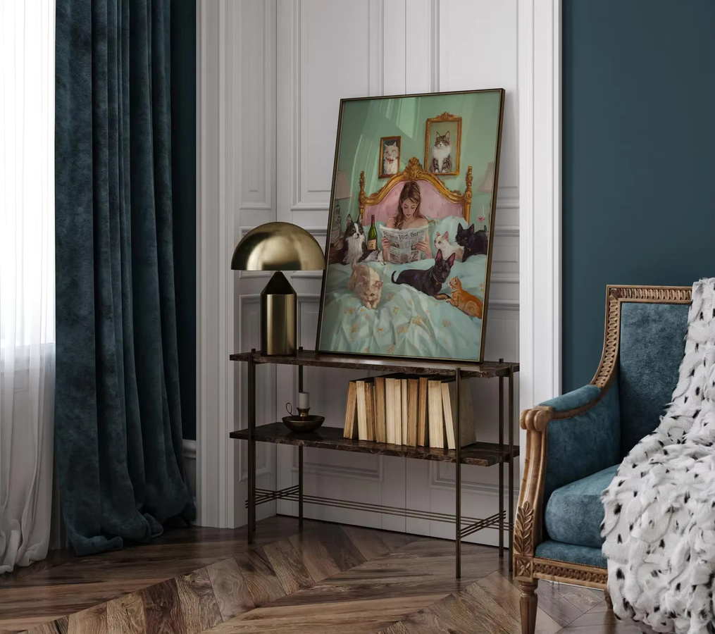 Vintage Wandkunst von SHENCHEN mit Katzenmotiv und Porträt einer lesenden Frau als Kunstdruck für dein Schlafzimmer - Bild 3