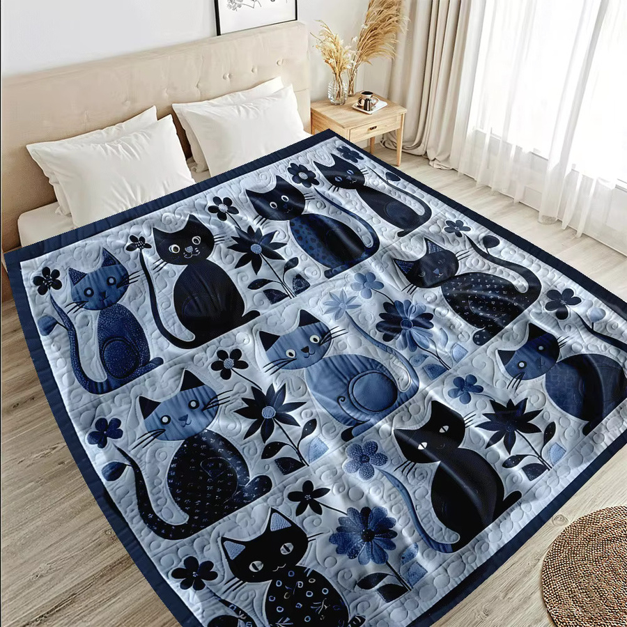 VIKAMA Patchwork-Flanell-Decke mit blauem Katzen-Motiv und floralem Design - Bild 4