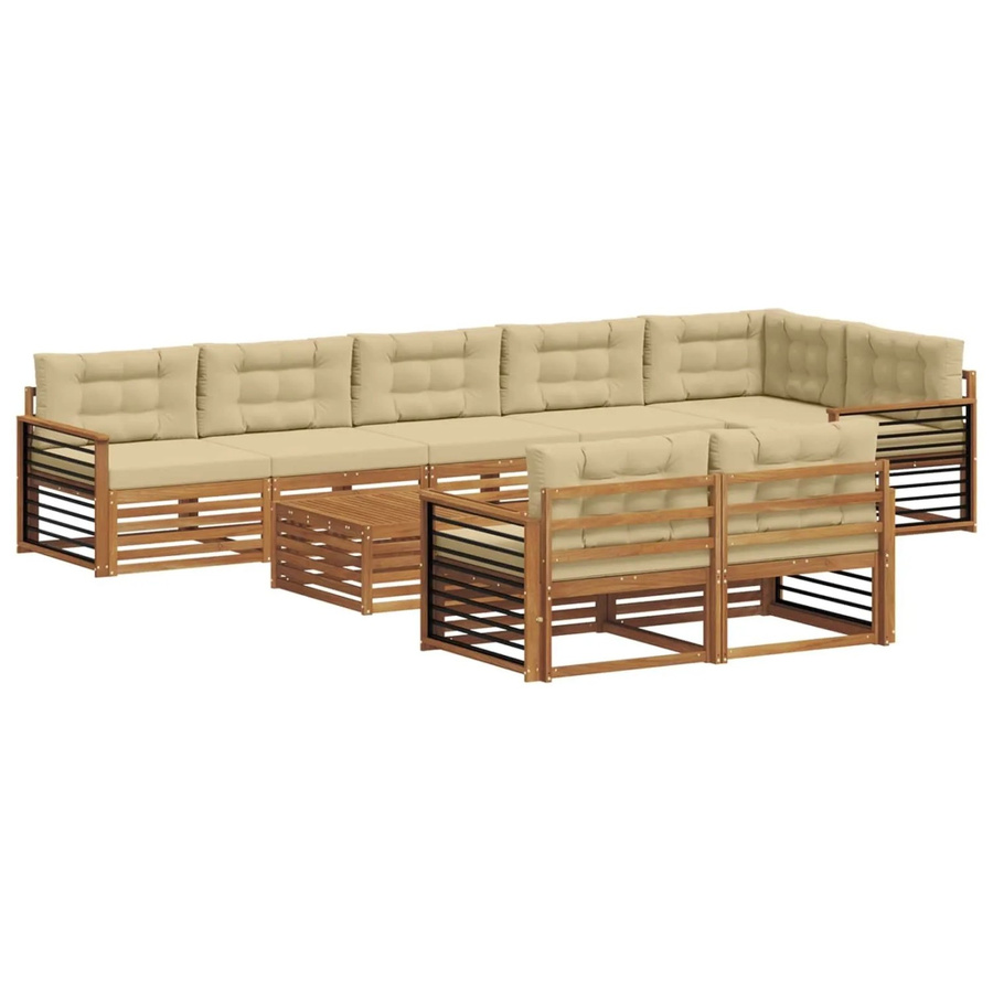 vidaXL Outdoor-Sofagarnitur 9-tlg. in L-Form aus Akazienholz mit Kissen, Natur-Beige - Bild 2