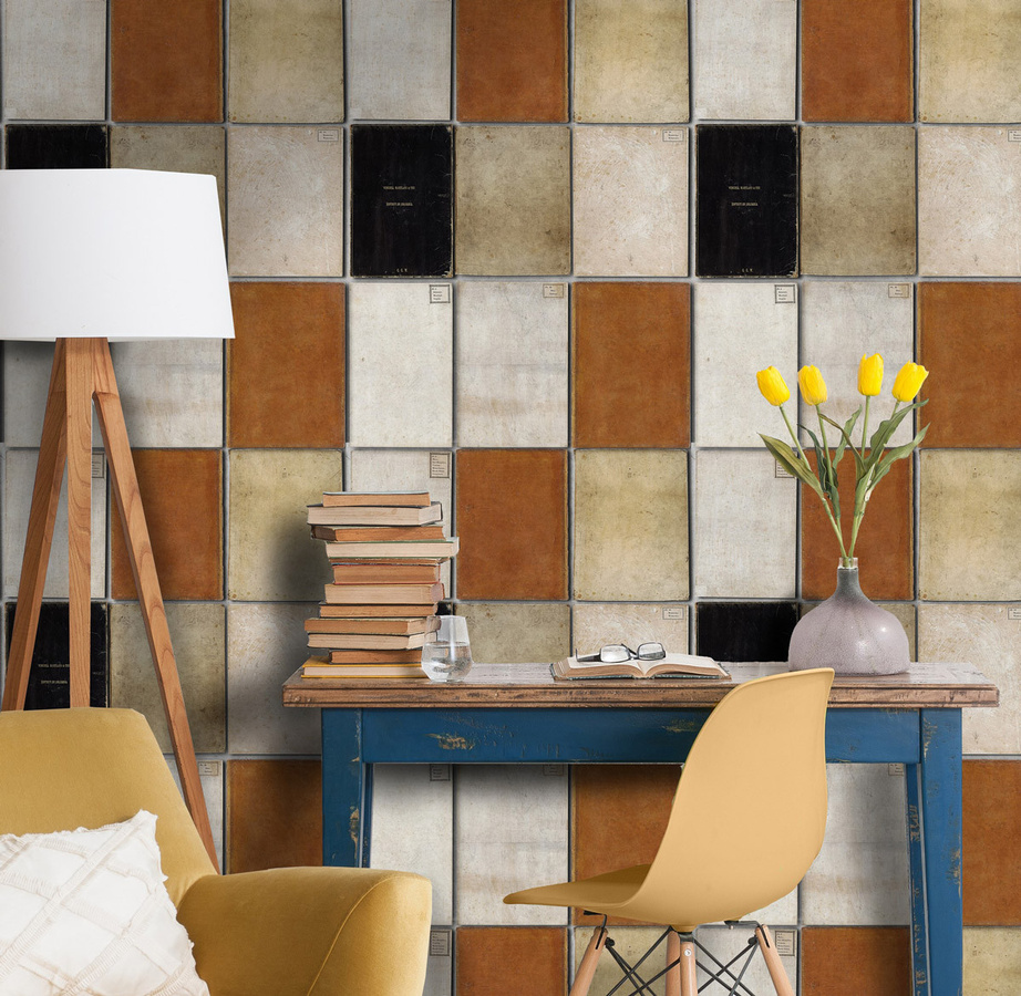 MINDTHEGAP Tapete Wallpaper Book Covers WP20093 in Braun und Multicolour mit Vintage-Design und geometrischem Muster - Bild 1