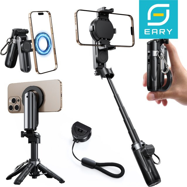 Eary Ausziehbarer Selfie-Stick Stativ mit Kabelloser Fernbedienung und Magnetischem Telefonhalter in Schwarz, 360 Grad Drehbarer Ständer für iPhone und Samsung - Bild 1