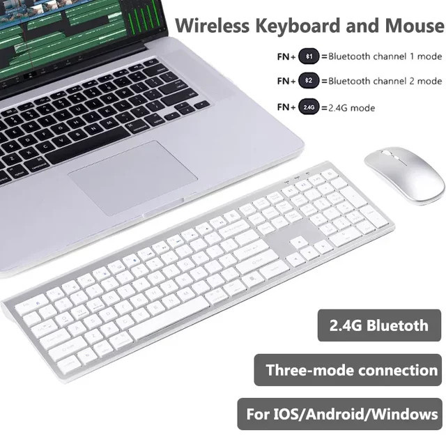 Luxuglow Bluetooth-Tastatur und Maus-Kombination in Silber mit drei Modi und 2,4-G-Verbindung, wiederaufladbares kabelloses Set für iOS, Android und Windows - Bild 1