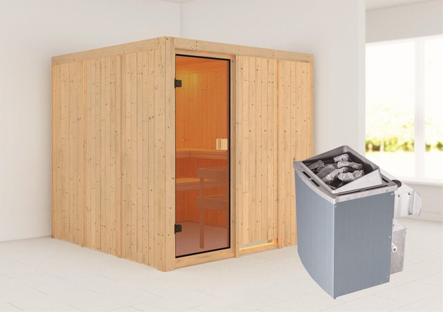 Karibu Sauna Oulu mit 9 kW Ofen, integrierter Steuerung und bronzierter Glastür, Farbe Braun - Bild 1