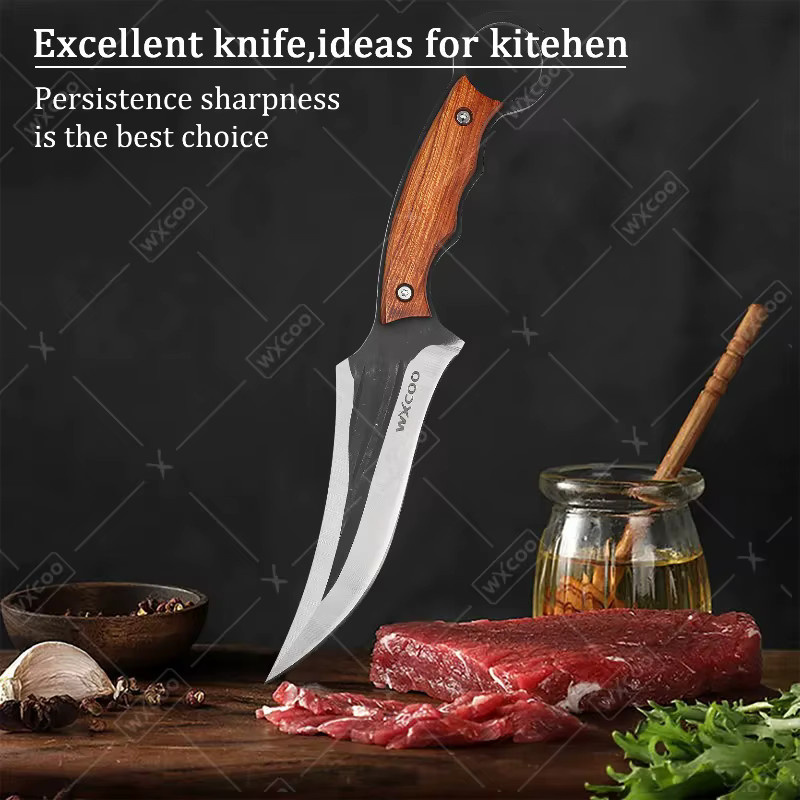 WXCOO Handgeschmiedetes Küchenmesser mit Scheide aus Edelstahl in Silber mit Holzgriff, Multifunktionales Fleischbeil und Ausbeinmesser für BBQ und Obst - Bild 2