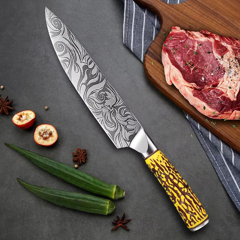 InLeung Laser Damaskus Küchenmesser in Silber mit Holzgriff für Fleisch, Fisch und Obst - Bild 2