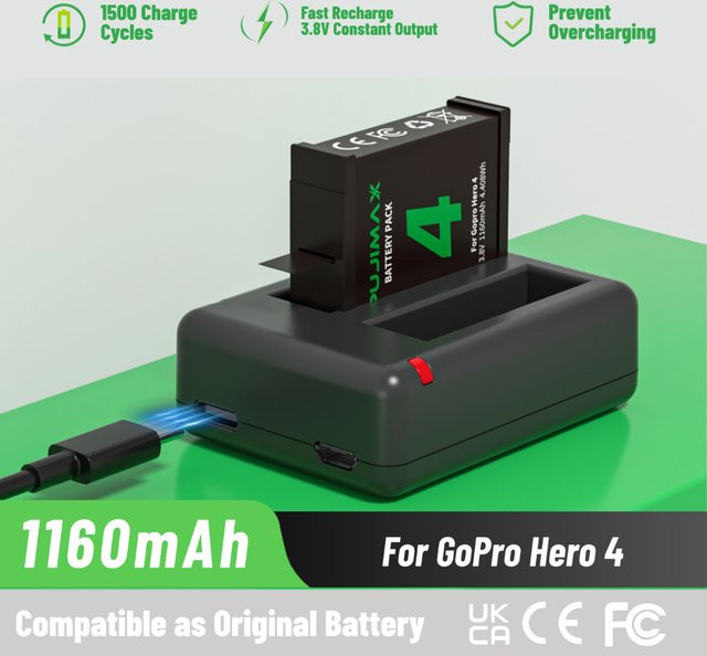 PUJIMAX Akku und Speicherladegerät Set für GoPro Hero 4 Action-Kamera, 1160mAh Lithium-Batterie, Schwarz - Bild 1
