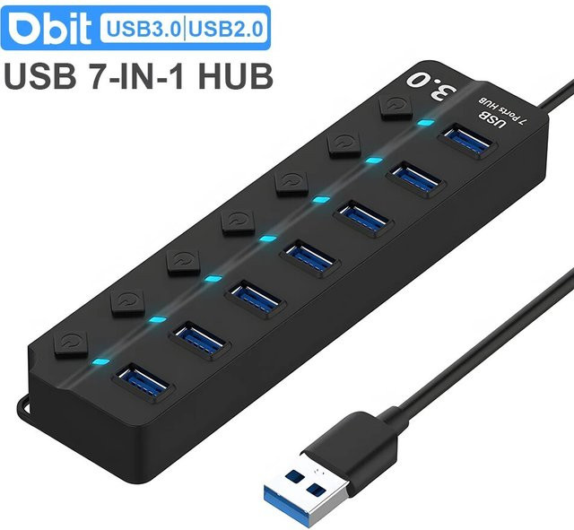 DBIT 7-in-1 USB Hub 3.0/2.0 Splitter mit unabhängigem Switch, USB-Adapter für Desktop und Laptop, Schwarz, 30 cm Kabel - Bild 1