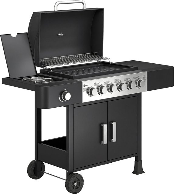 Outsunny Gasgrill aus Edelstahl mit 6+1 Brennern, Seitenbrenner, Thermometer und Rollen, Farbe: Schwarz, B/H/T: 51 x 101 x 135 cm - Bild 1