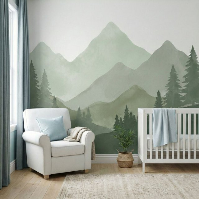 ShineHome Wandtapete Bergwald-Aquarell in Nebelgrün für Kinderzimmer, Schlafzimmer und Wohnzimmer - Bild 1