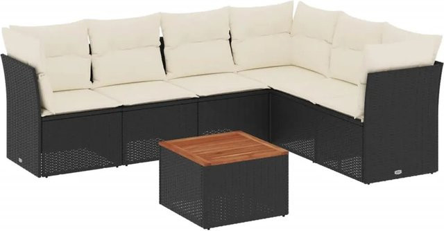 vidaXL 7-tlg Garten-Sofagarnitur aus Poly-Rattan in Schwarz mit Tisch und Kissen in L-Form - Bild 1