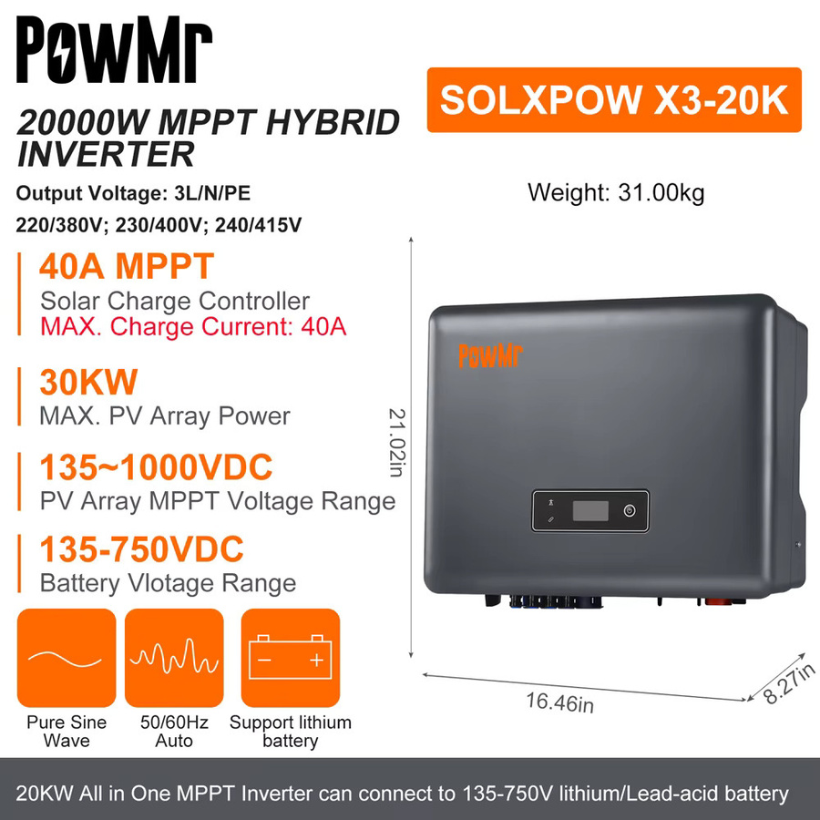 PowMr Hybrid-Solarwechselrichter Dreiphasen On/Off-Grid Pure Sine Wave Wind-Energiespeichermaschine 12 kW in Grau - Bild 2