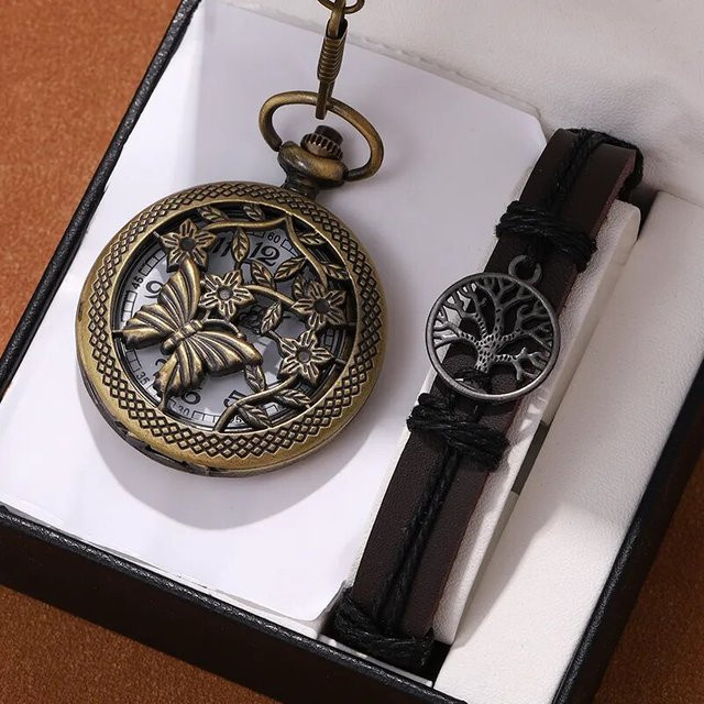 DEYROS Taschenuhr Halskette Anhänger, Schmetterling, Quarz, Bronze, Unisex - Bild 1