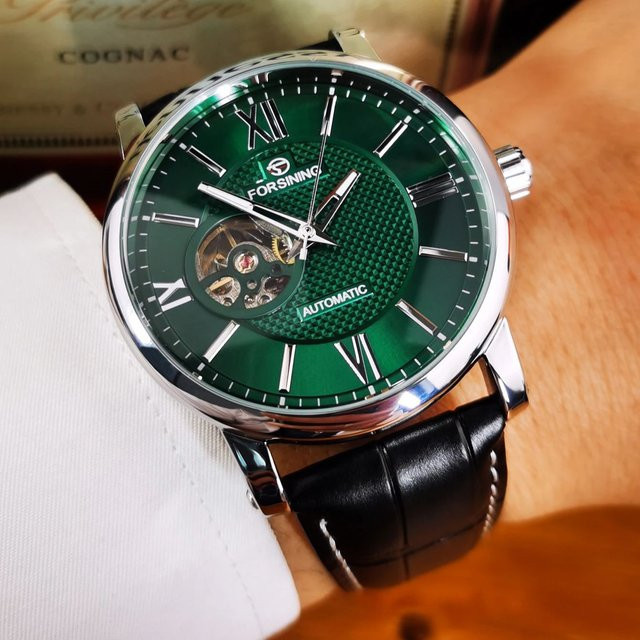Forsining Armbanduhr Automatik, grünes Skelett-Zifferblatt, Leder, Herren - Bild 1