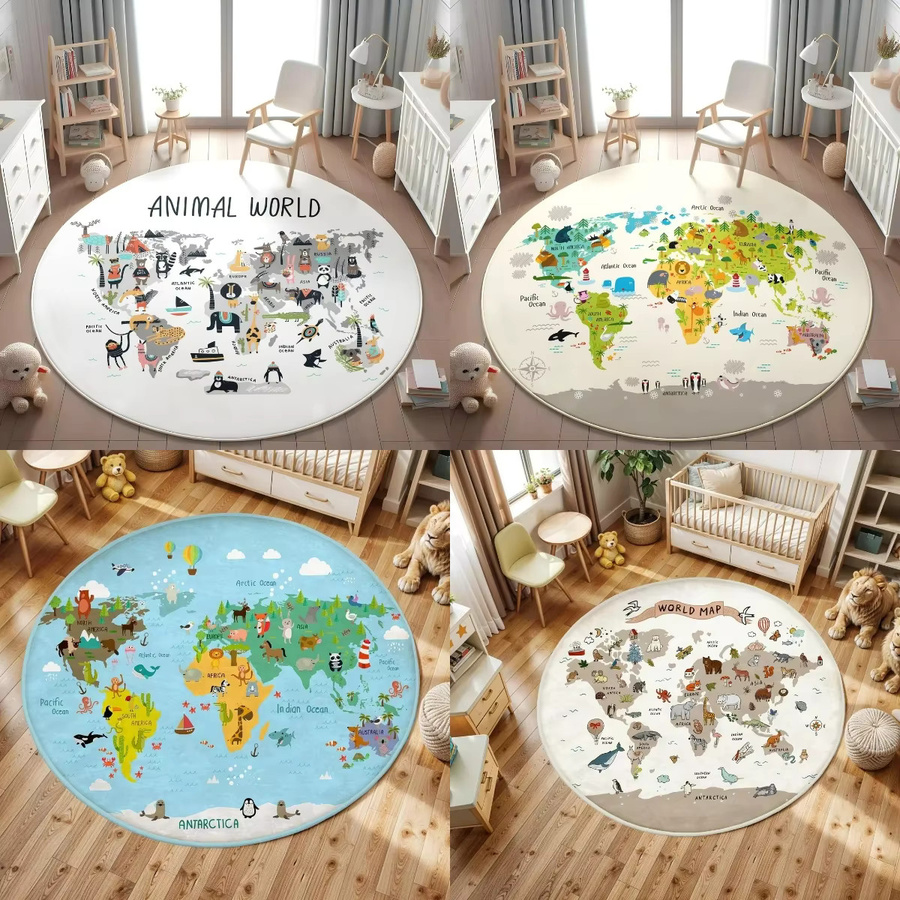 Runde Kinderspielmatte mit Cartoon-Tier-Weltkarte in Multicolour für das Kinderzimmer und Wohnzimmer - Bild 3