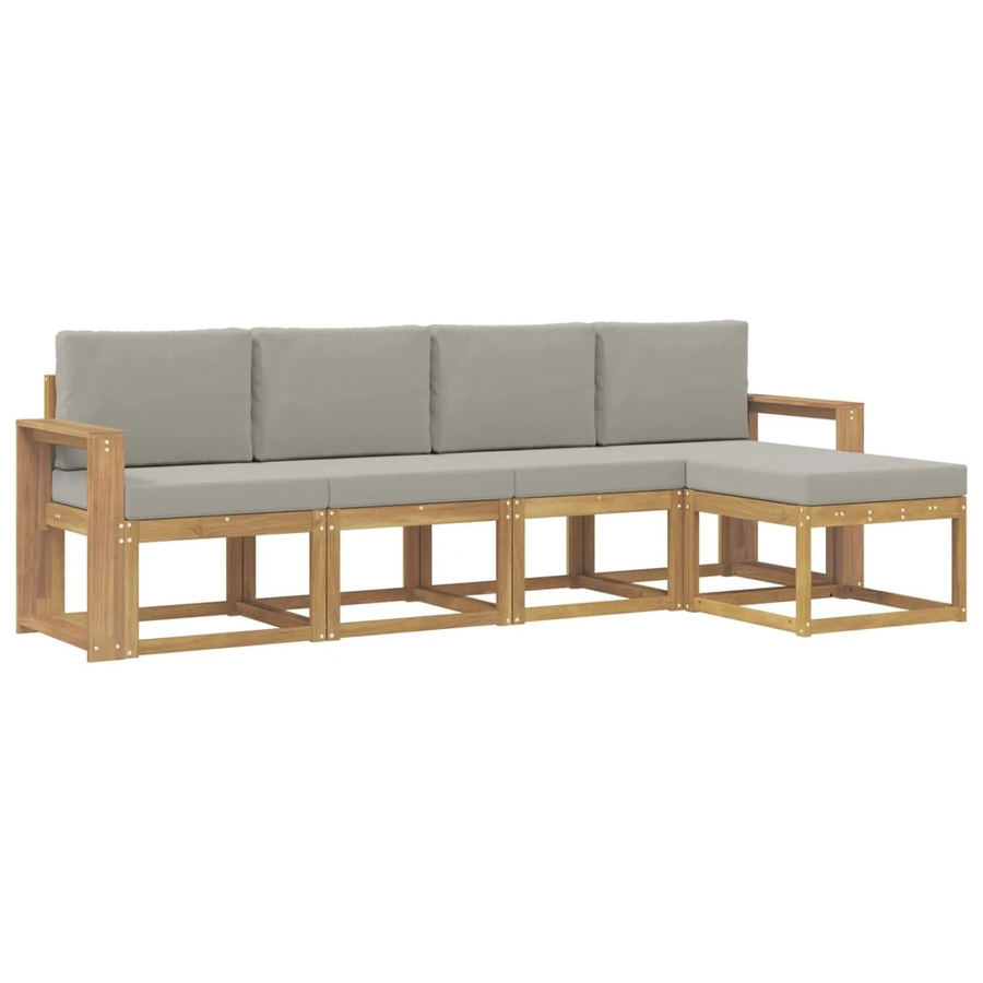 vidaXL Outdoor-Sofagarnitur in L-Form aus Akazienholz, 5-teilig, Weiß, Grau und Braun mit Sitzkissen und Rückenkissen - Bild 2