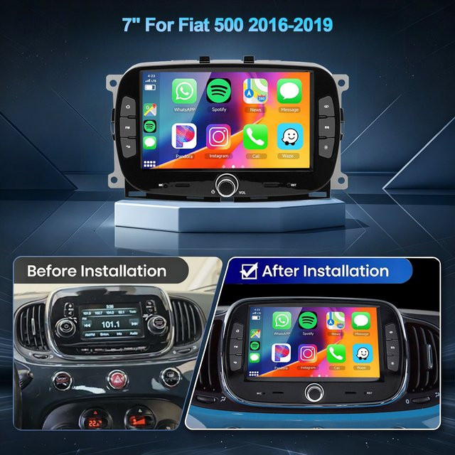 ESSGOO Android 15 Autoradio mit 7 Zoll IPS Touchscreen für Fiat 500 (2016-2019), 4+64GB, Wireless Carplay, Android Auto, GPS, WiFi, Bluetooth, FM, RDS, SWC und Mirror Link, Schwarz - Bild 1