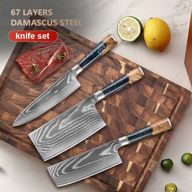 Baovim 3-teiliges Damast-Küchenmesser-Set mit Nakiri- und Hackmesser sowie Harzholzgriff - Bild 1