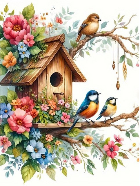 EverShine DIY Diamant-Mosaik Vogelhaus mit Tier- und Blumenmotiv, 5D Stickerei in Multicolour, B/H: 30,0 x 20,0 cm - Bild 1
