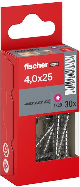 Fischer PowerFast II A2 Senkkopf TX Vollgewinde Schraube aus Edelstahl in Silber, Durchmesser: 4 mm, Länge: 25 mm, 30 Stück - Bild 1