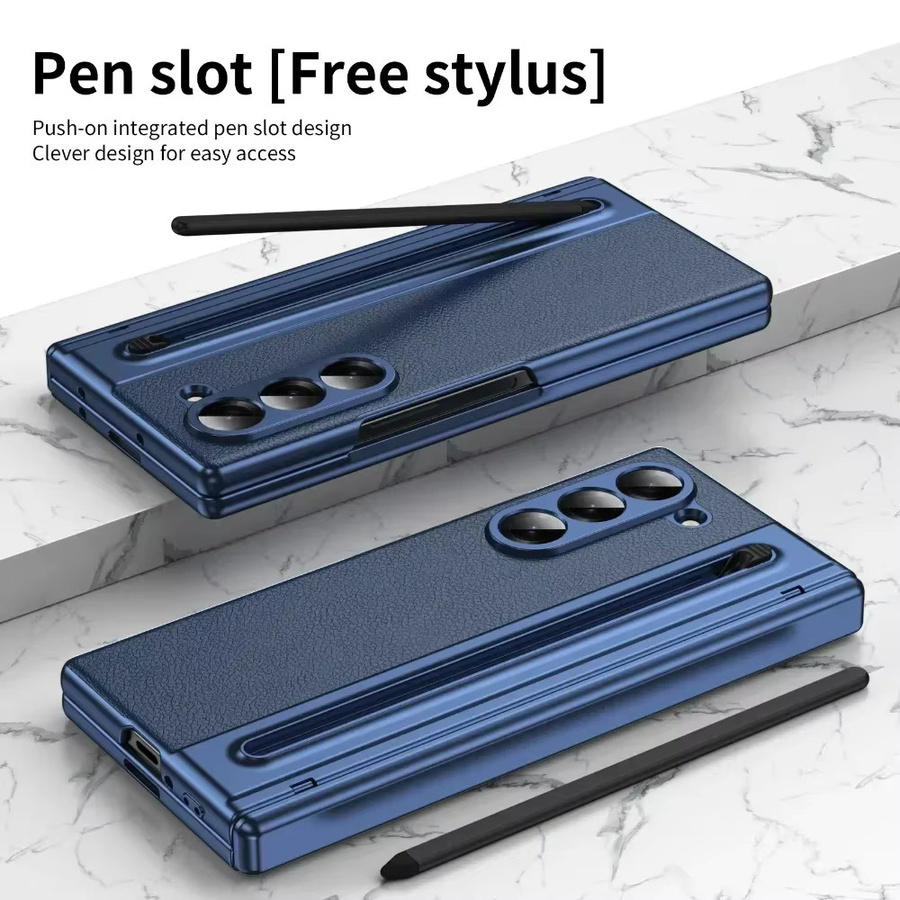 Luxuriöse Leder-Handyhülle mit Stahlfolie und Scharnierschutz für Samsung Galaxy Z Fold 7, 6, 5, 4, 3 in Schwarz oder Blau - Bild 1