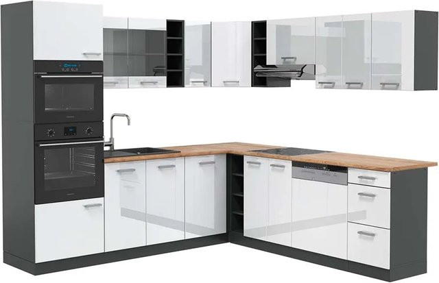 Vicco R-Line Eckküche in Weiß Hochglanz und Anthrazit mit Eiche-Optik B/T/H: 237 x 247 cm - Bild 1
