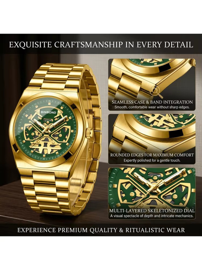 BINBOND Armbanduhr, Quarz, Edelstahl, Gold, grünes Zifferblatt, Unisex - Bild 7