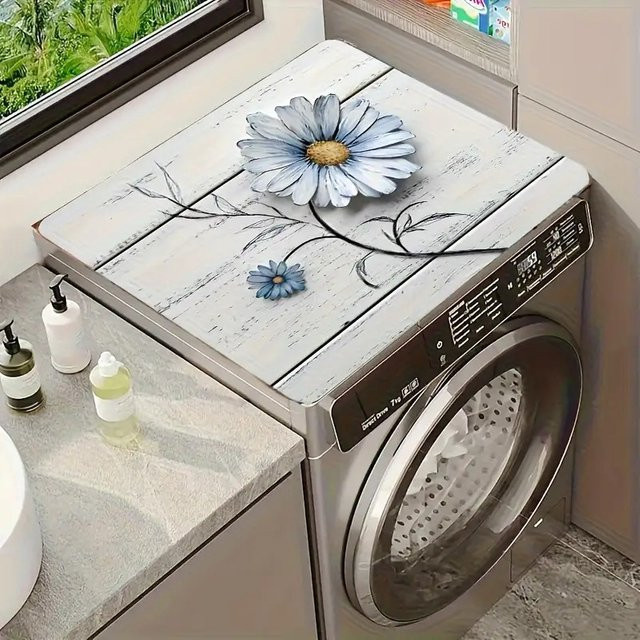 VIKAMA Retro Blue Daisy Waschmaschinen-Deckelmatte in Blau, wasserdichte und staubdichte Deko-Matte im amerikanischen Stil - Bild 1