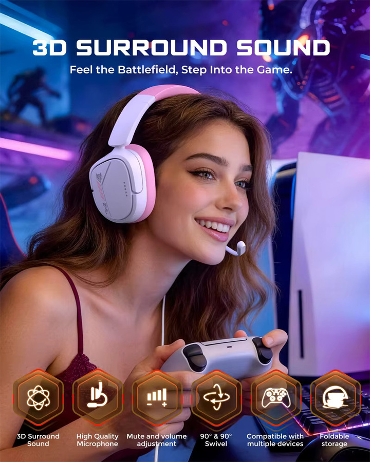 NUBWO HG04L Gaming-Headset in Pink mit unidirektionalem Mikrofon und 3,5 mm Anschluss für PlayStation, Xbox und Switch - Bild 2