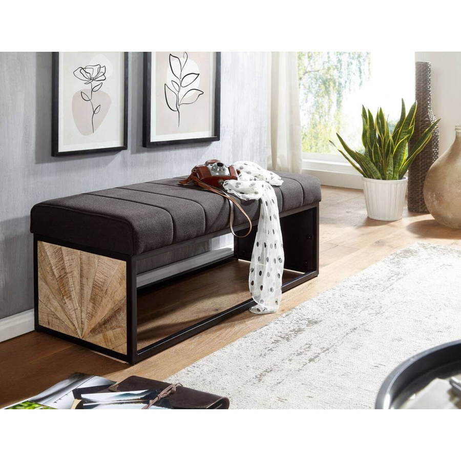 Wohnling Sitzbank aus Mango Massivholz und Eisen in Dunkelbraun und Schwarz mit Stoffbezug, B/H/T: 105 x 40 x 40 cm - Bild 3