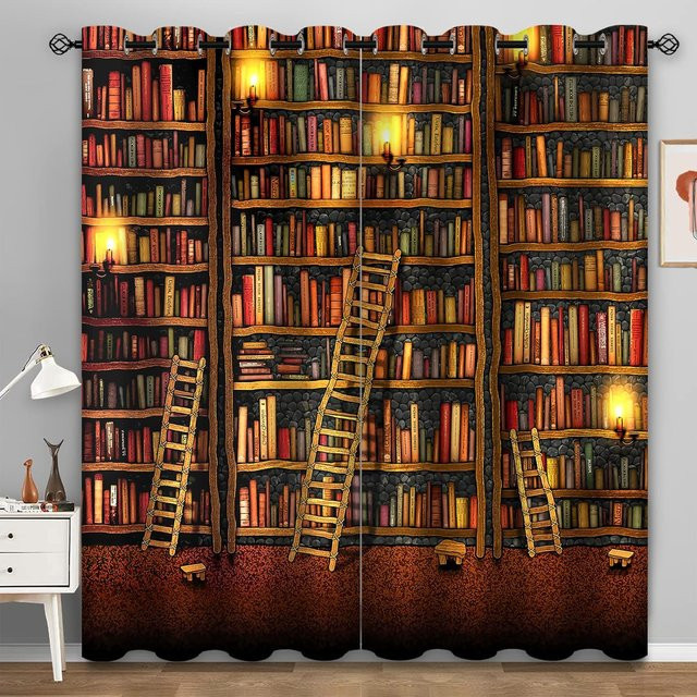 Vintage Vorhänge mit Bücherregal-Bibliothek-Motiv, 2er-Set mit Haken, halbtransparent, Mehrfarbig, Breite: 70 cm, Höhe: 165 cm - Bild 1