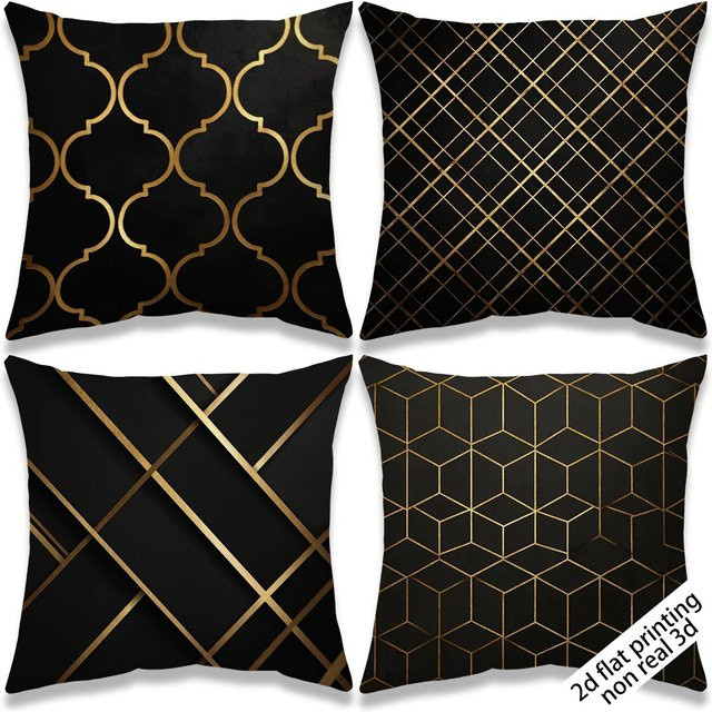 4-teiliges geometrisches Kissenbezug-Set von JMG Clothing in Schwarz und Gold, moderner Stil mit Reißverschluss, B/T: 50 x 50 cm - Bild 1