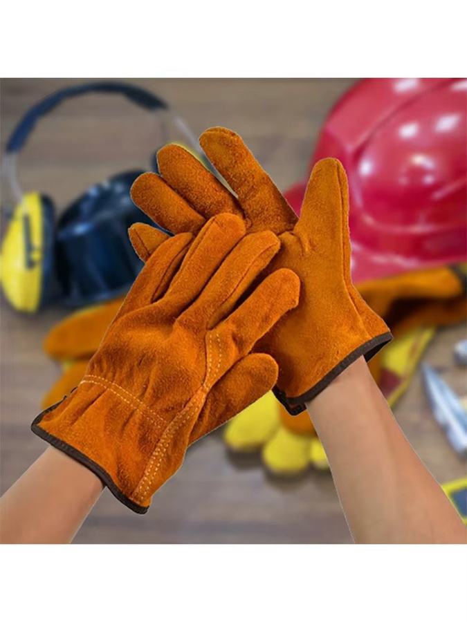 Flammhemmende Schweißarbeitshandschuhe in Gelb und Braun für Hitzeschutz beim Löten und Schweißen - Bild 3