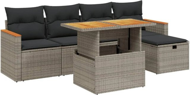 vidaXL 6-teilige Garten-Sofagarnitur in L-Form mit Kissen und Couchtisch, Grau, Poly Rattan und Akazienholz - Bild 1