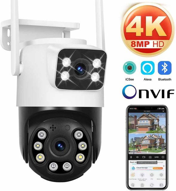 DDBROUGEN Dual Lens Wifi Outdoor Überwachungskamera 4K 8MP PTZ mit Nachtsicht, Dual Screen und menschlicher Erkennung, IP Sicherheit Kamera in Weiß - Bild 1