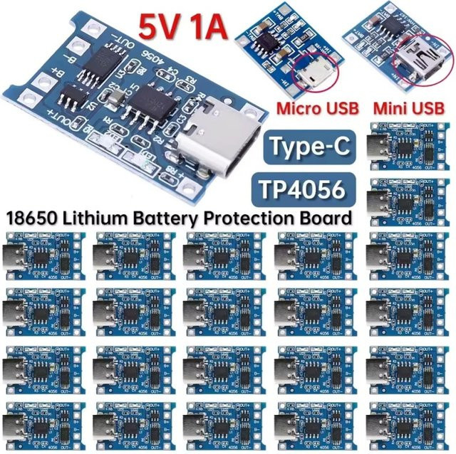 TP4056 Lithium-Batterie Ladeplatine mit Schutzfunktion für 18650 Li-Ion Akkus, Typ-C/Micro USB/Mini USB, Blau, 5V 1A - Bild 1
