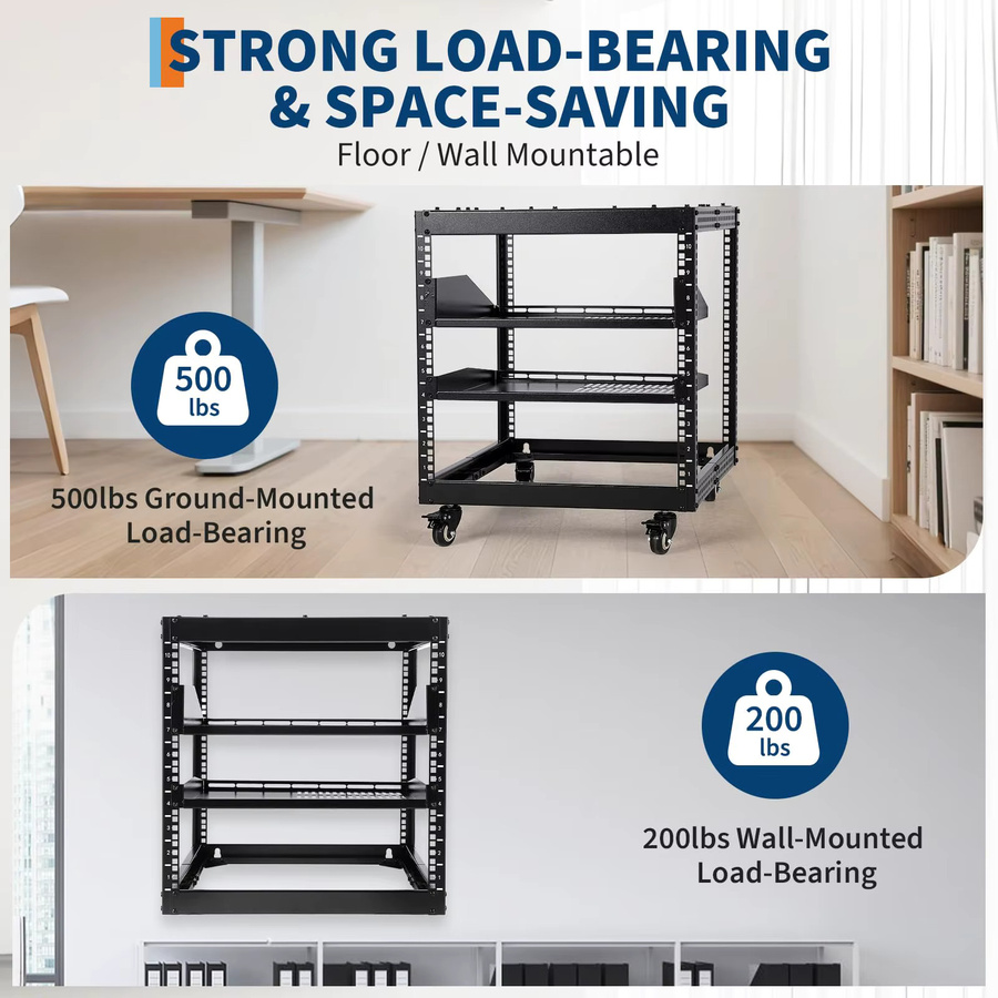 HiMISS 10U Open-Frame-Serverrack in Schwarz, tiefenverstellbar, für 23 Zoll bis 40 Zoll, freistehend oder zur Wandmontage mit 4 feststellbaren Rollen, 2er-Set - Bild 3