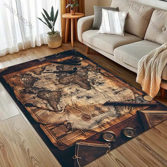 UQIDEHOME Vintage Nautische Weltkarte Teppich in Schwarz und Multicolour, B/T: 60 x 40 cm - Bild 1