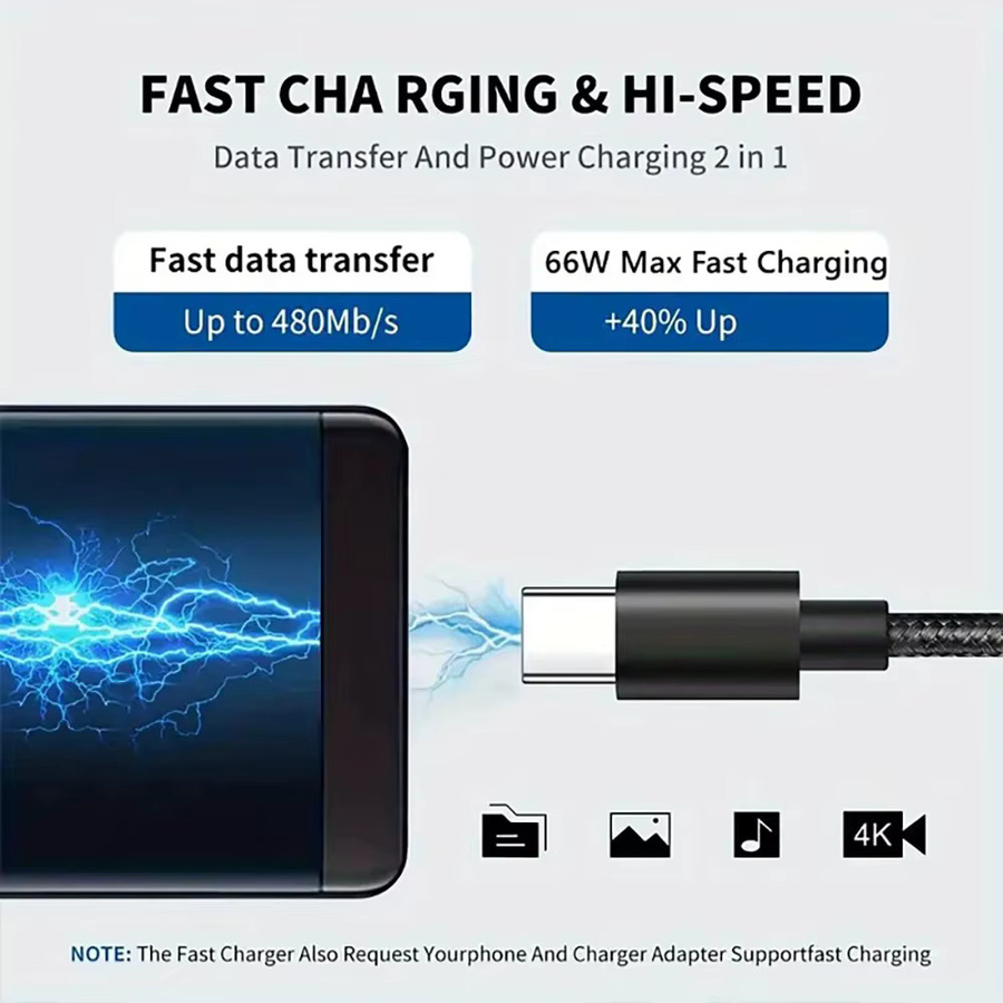 USB C auf USB C Schnellladekabel aus Nylon geflochten mit 66 W und 5 A für PD Schnellladung, erhältlich in Schwarz oder Blau, Länge: 1 m, 2 m oder 3 m - Bild 2