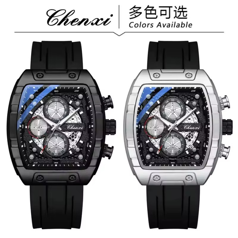 CHENXI Chronograph Herrenuhr, Quarz, Silikonarmband, Schwarz, Wasserdicht - Bild 5