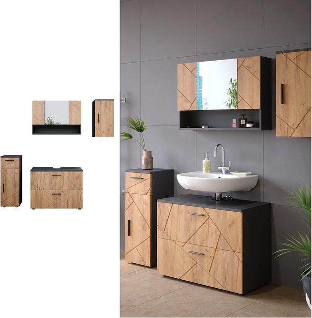 Vicco Badmöbelset Irma in Anthrazit und Eiche, 4-teiliges modernes Badezimmer-Set mit Spiegelschrank, Waschtischunterschrank und Midischrank, Breite: 80 cm, Tiefe: 30 cm - Bild 1