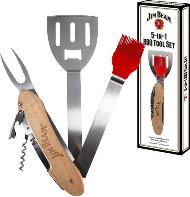 Jim Beam 5-in-1 BBQ-Werkzeug Set aus Edelstahl mit Parawood Holzgriffen inklusive Pfannenwender, Grillgabel, Silikonpinsel, Korkenzieher und Flaschenöffner - Bild 1