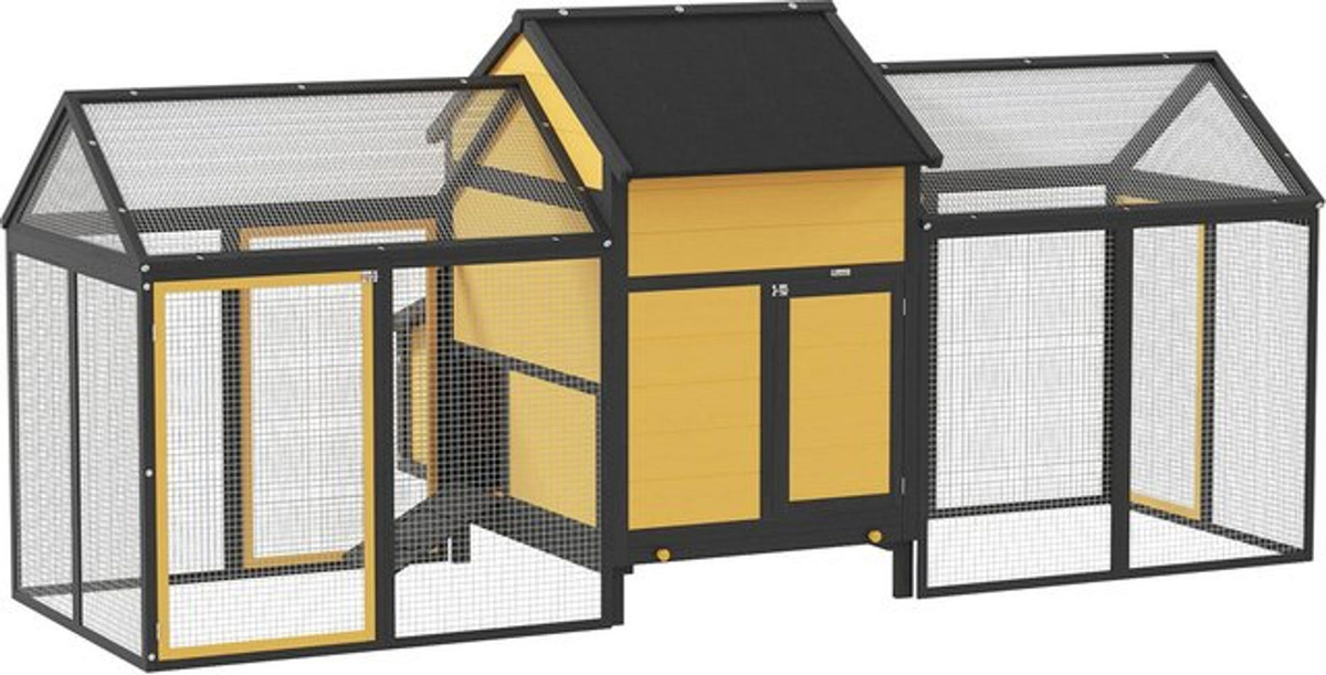 PawHut Hühnerstall aus Holz mit 2 Außengehegen, Nistkasten und Rampen, Gelb, B/T/H: 125 x 247 x 113,5 cm - Bild 3