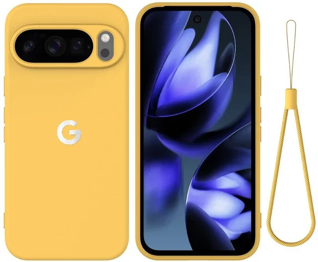 Stoßfeste Flüssigsilikonhülle mit Trageband für Google Pixel 11 10 9 8 Pro XL 10a 9a 8a in Rot und Gelb - Bild 1